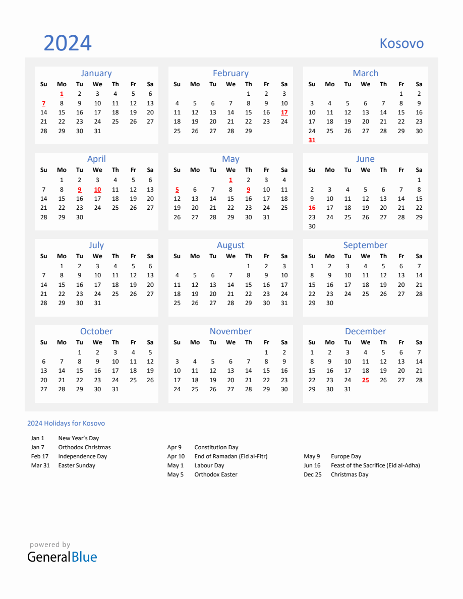 Basic Yearly Calendar with Holidays in Kosovo for 2024