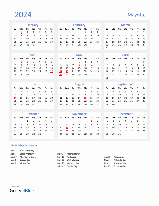 Basic Yearly Calendar with Holidays in Mayotte for 2024 