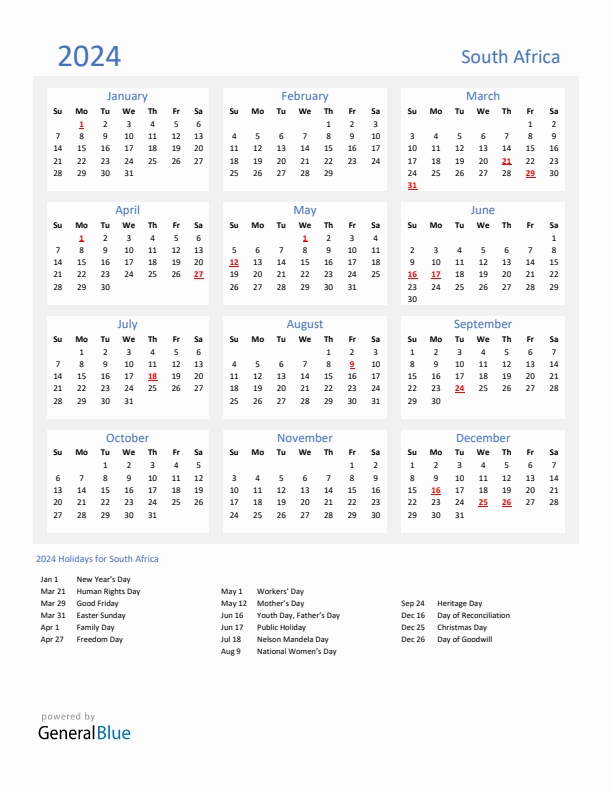 Basic Yearly Calendar with Holidays in South Africa for 2024 