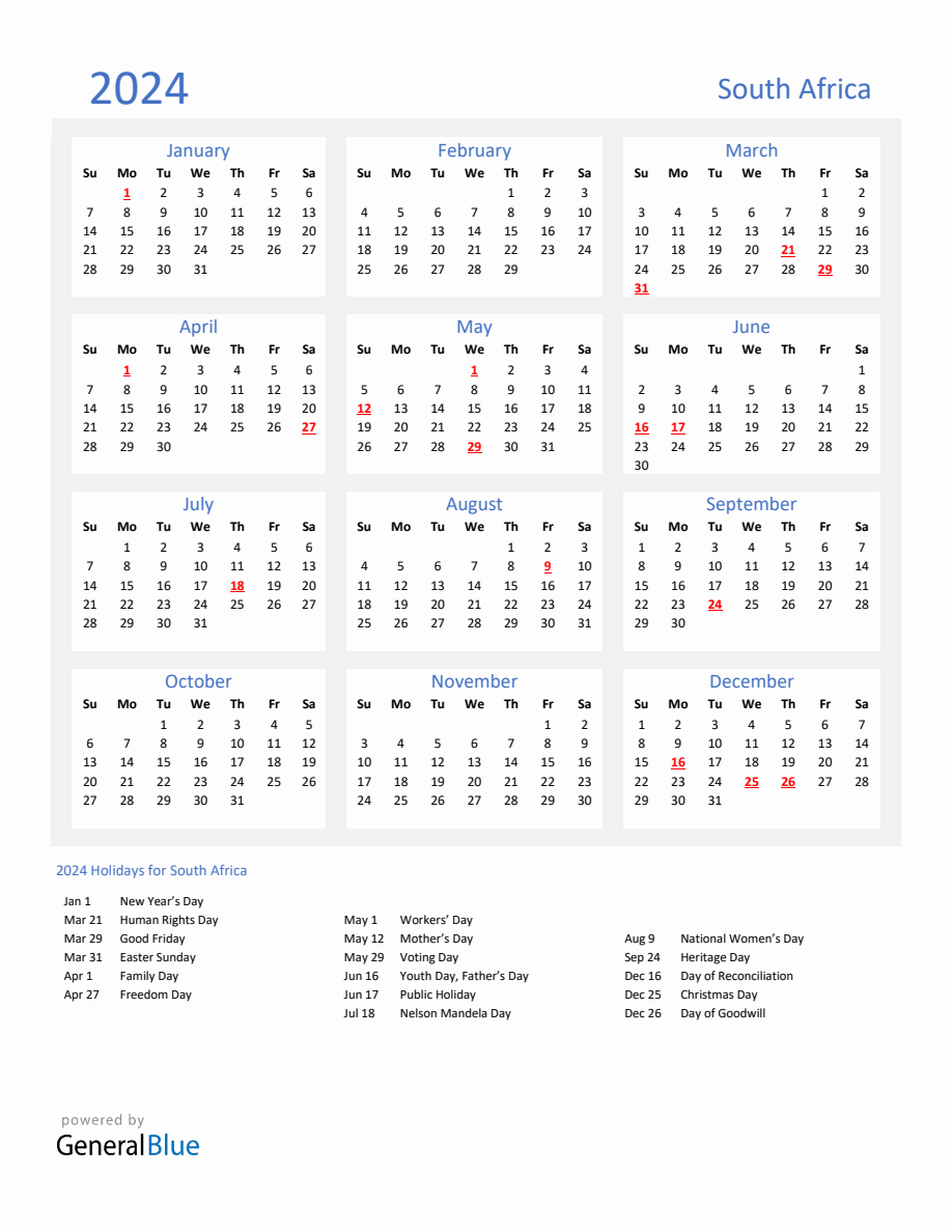 Basic Yearly Calendar with Holidays in South Africa for 2024