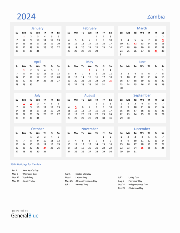 2024 Zambia Calendar with Holidays