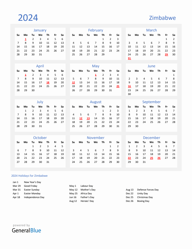 Basic Yearly Calendar with Holidays in Zimbabwe for 2024 