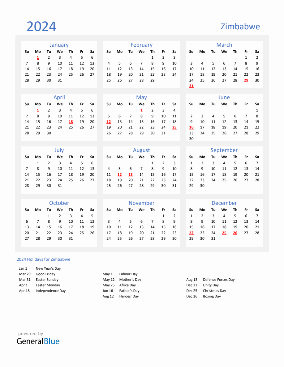 Basic Yearly Calendar with Holidays in Zimbabwe for 2024