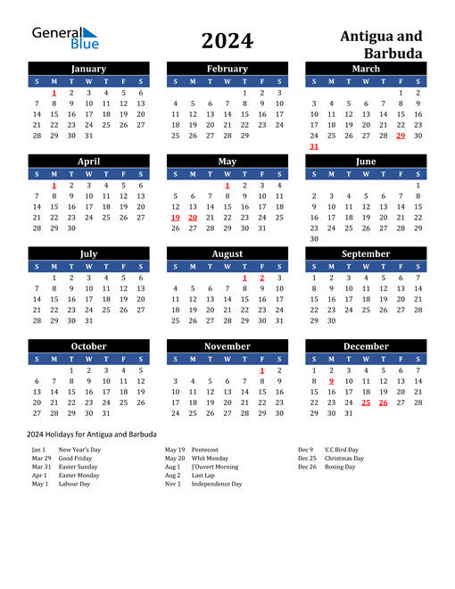 2024 Antigua and Barbuda Free Calendar