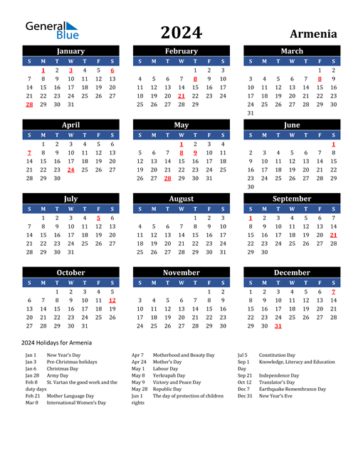 2024 Armenia Free Calendar