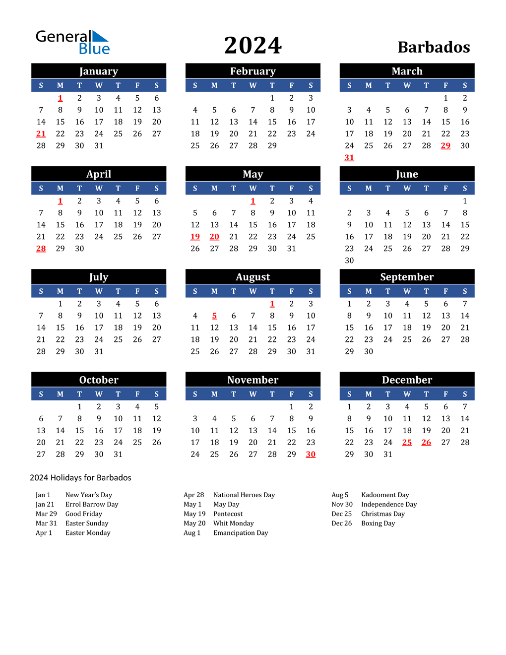 2024 Barbados Calendar with Holidays