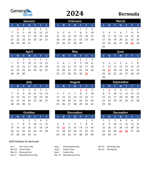 2024 Bermuda Free Calendar