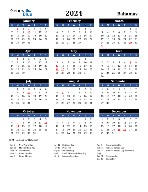 2024 Bahamas Calendar with Holidays