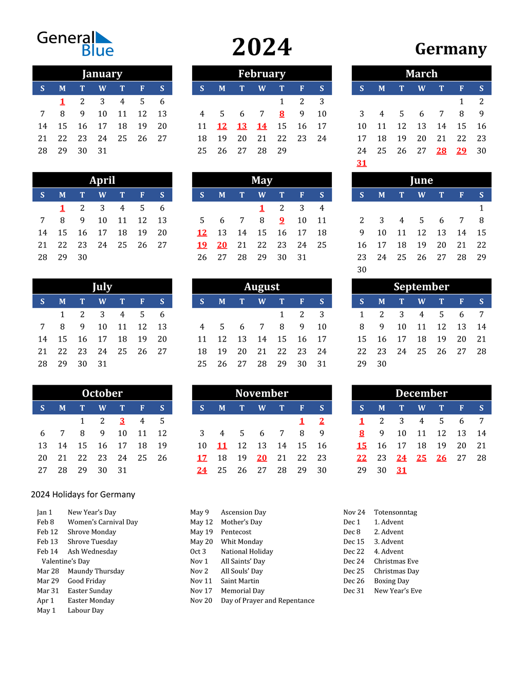 2024 Germany Calendar with Holidays