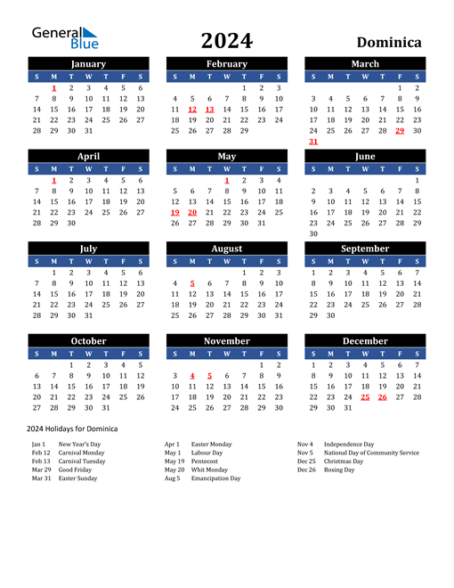 2024 Dominica Free Calendar