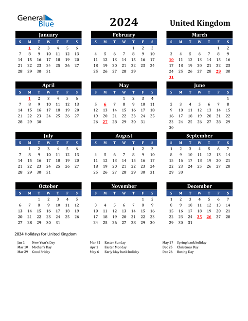 2024 United Kingdom Free Calendar