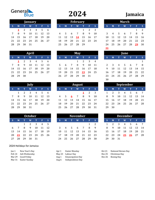 2024 Jamaica Free Calendar