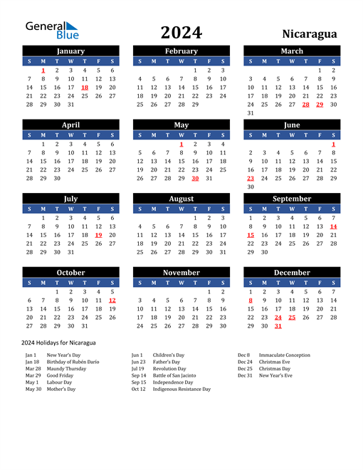 2024 Nicaragua Free Calendar
