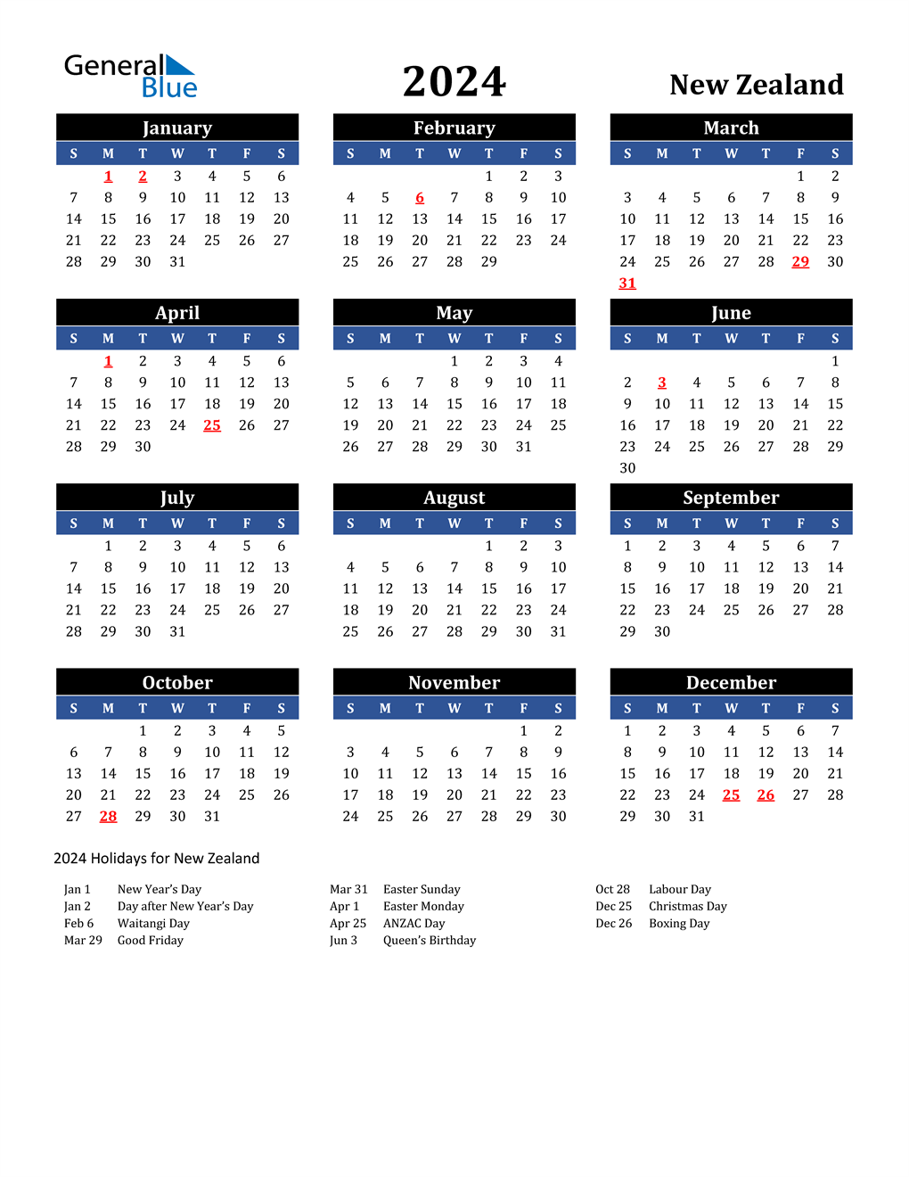 2024 Calendar Nz