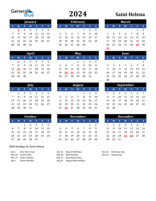 2024 Saint Helena Free Calendar