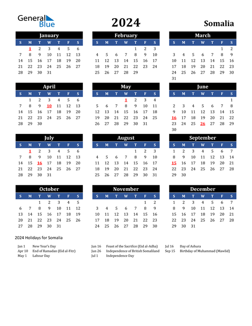 2024 Somalia Free Calendar