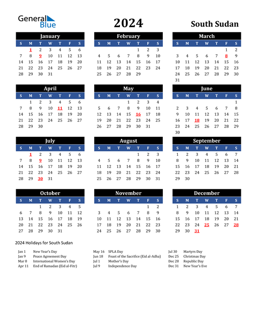 2024 South Sudan Free Calendar