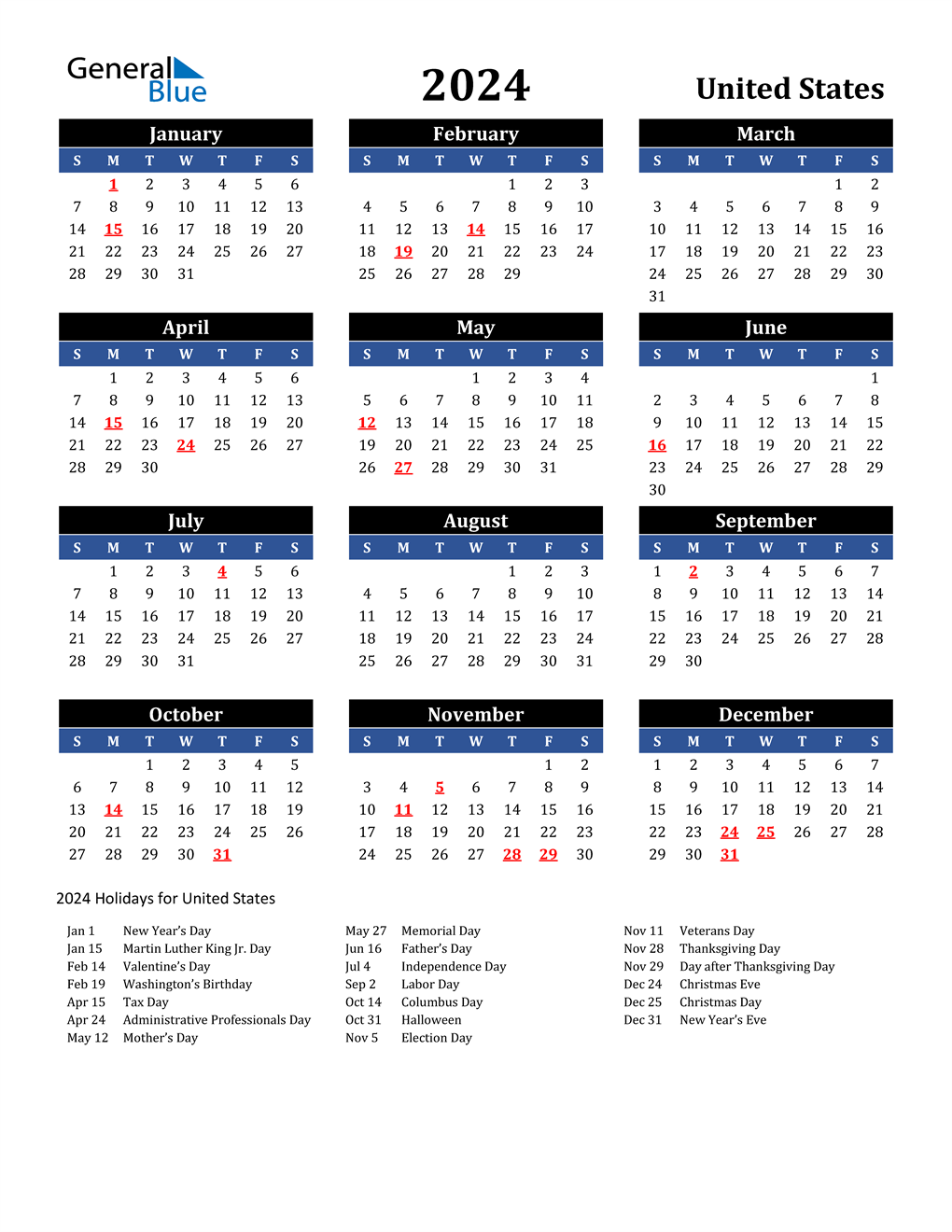 2024 Calendar With Holidays Printable Customize And Print