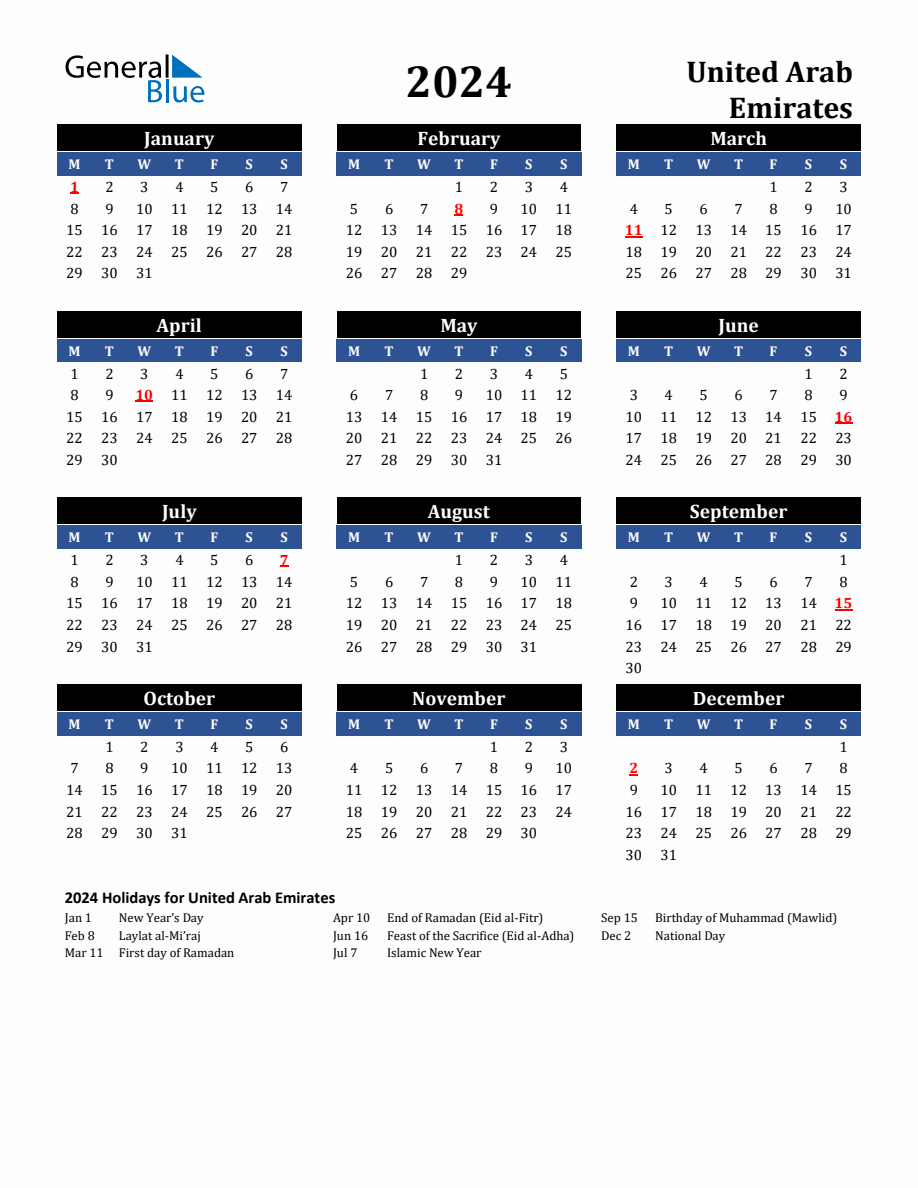 2024 United Arab Emirates Holiday Calendar