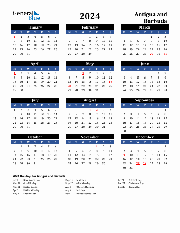 2024 Antigua and Barbuda Holiday Calendar