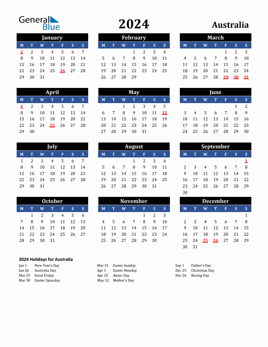 2024 Australia Holiday Calendar