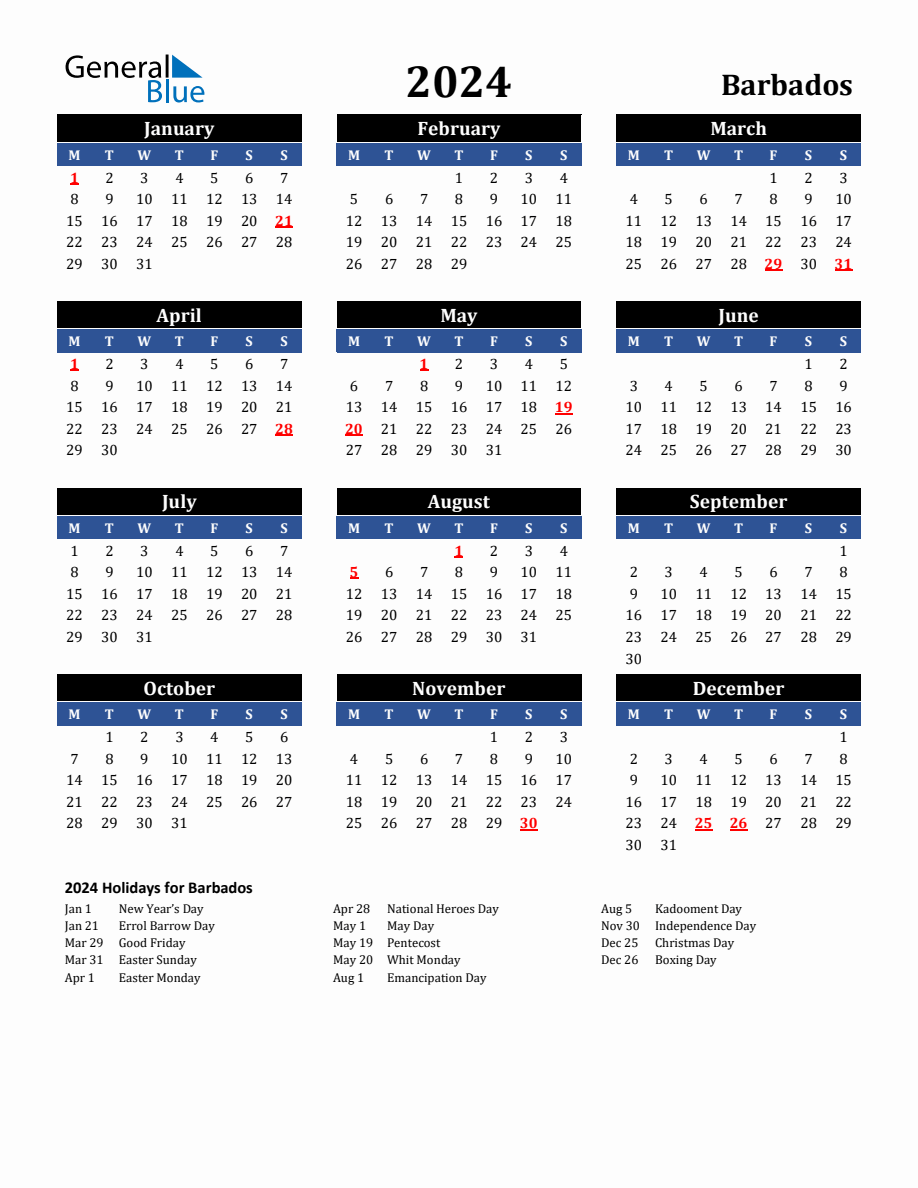 2024 Barbados Holiday Calendar