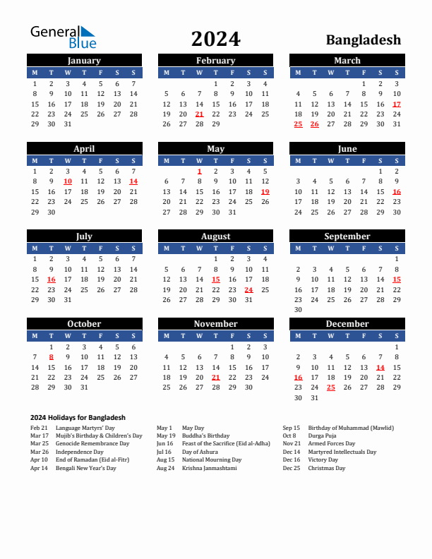 2024 Bangladesh Holiday Calendar