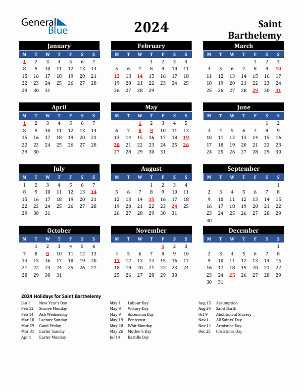 2024 Saint Barthelemy Holiday Calendar