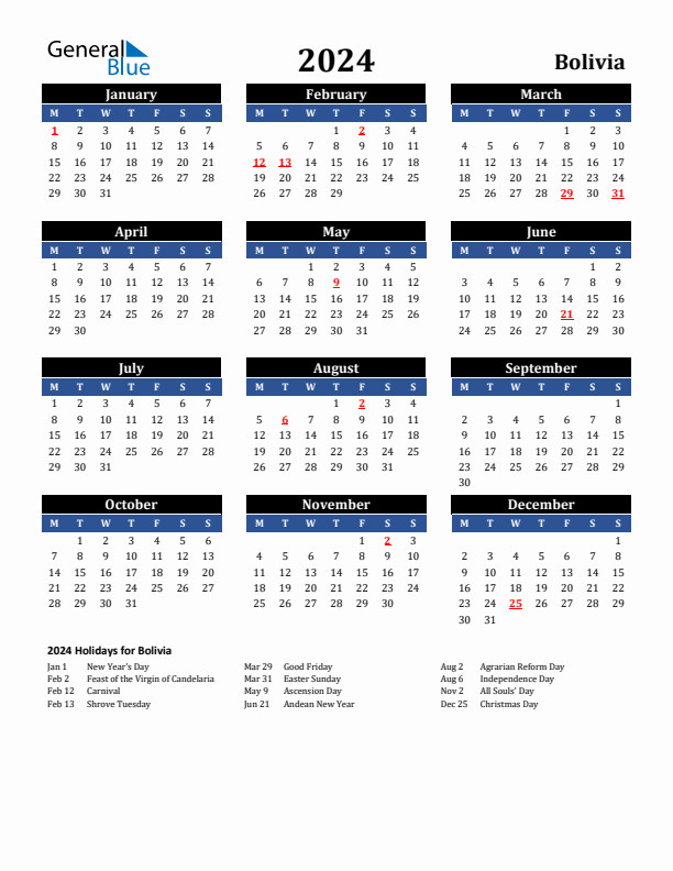 2024 Bolivia Holiday Calendar