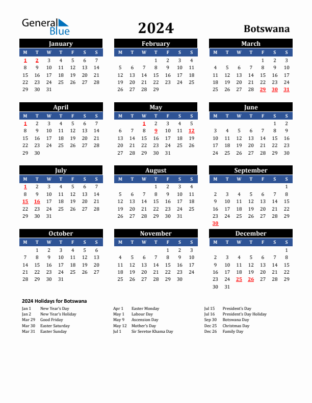 2024 Botswana Holiday Calendar