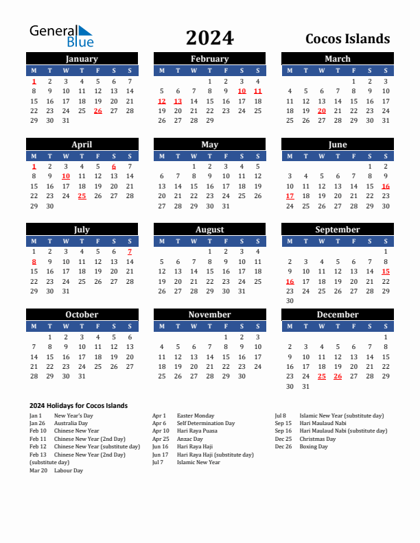 2024 Cocos Islands Holiday Calendar