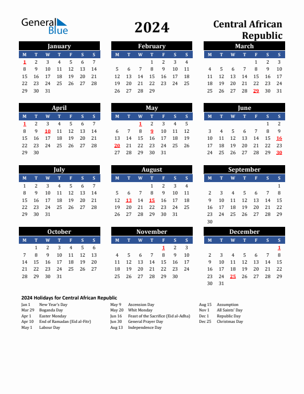 2024 Central African Republic Holiday Calendar
