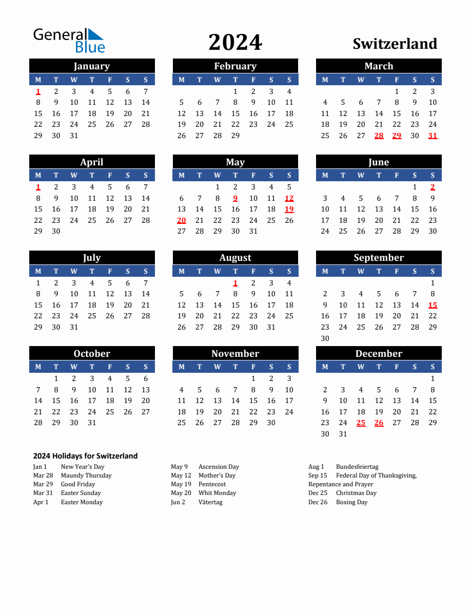 2024 Switzerland Holiday Calendar