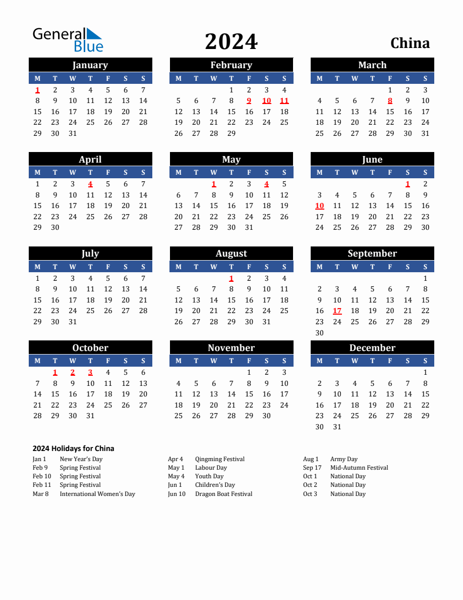 2024 China Holiday Calendar