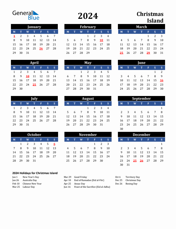 2024 Christmas Island Holiday Calendar
