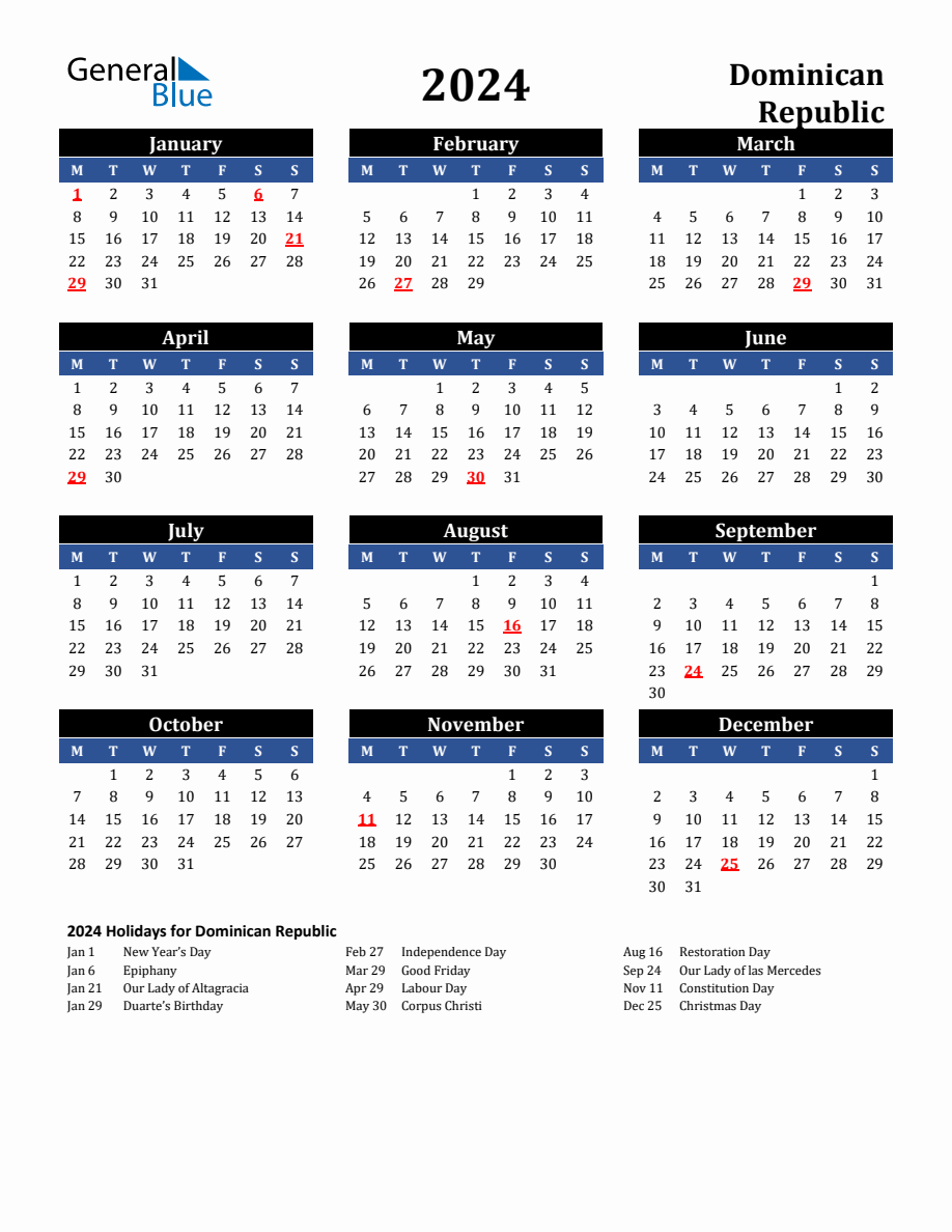 2024 Dominican Republic Holiday Calendar
