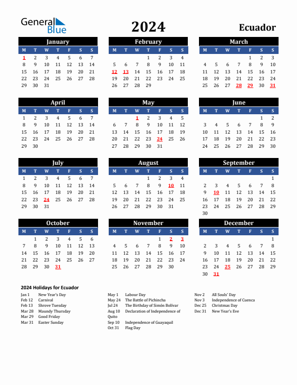 2024 Ecuador Holiday Calendar