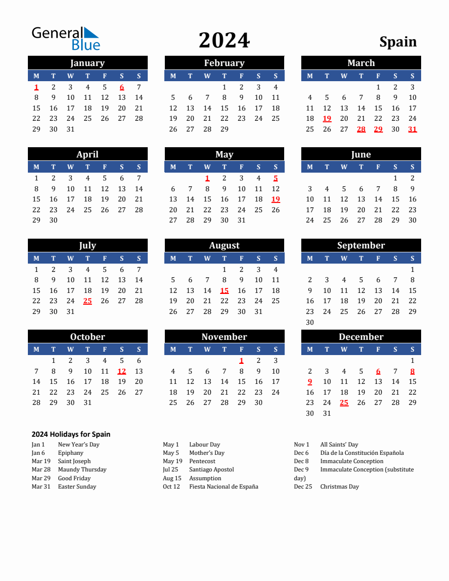 2024 Spain Holiday Calendar