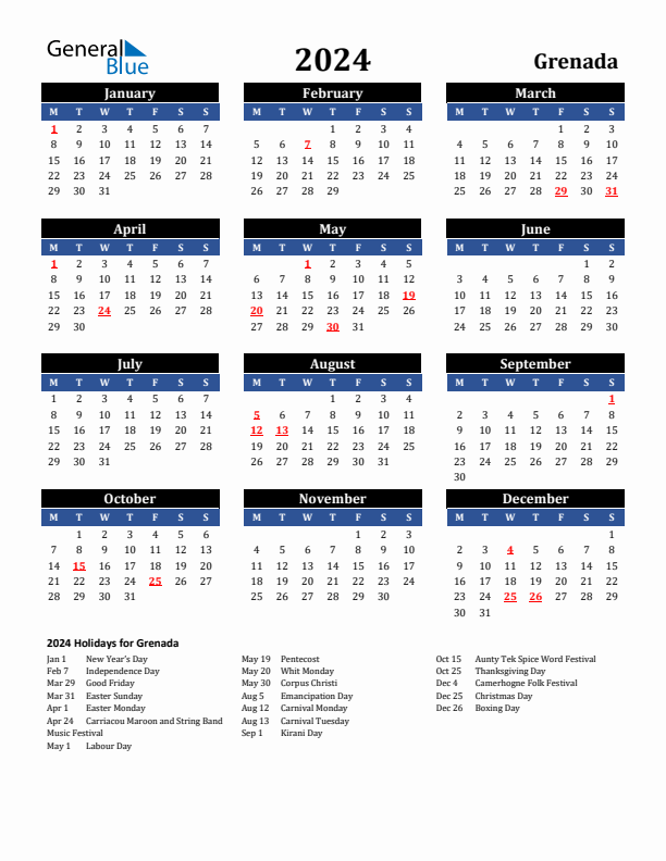 2024 Grenada Holiday Calendar