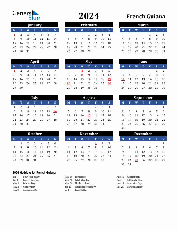 2024 French Guiana Holiday Calendar
