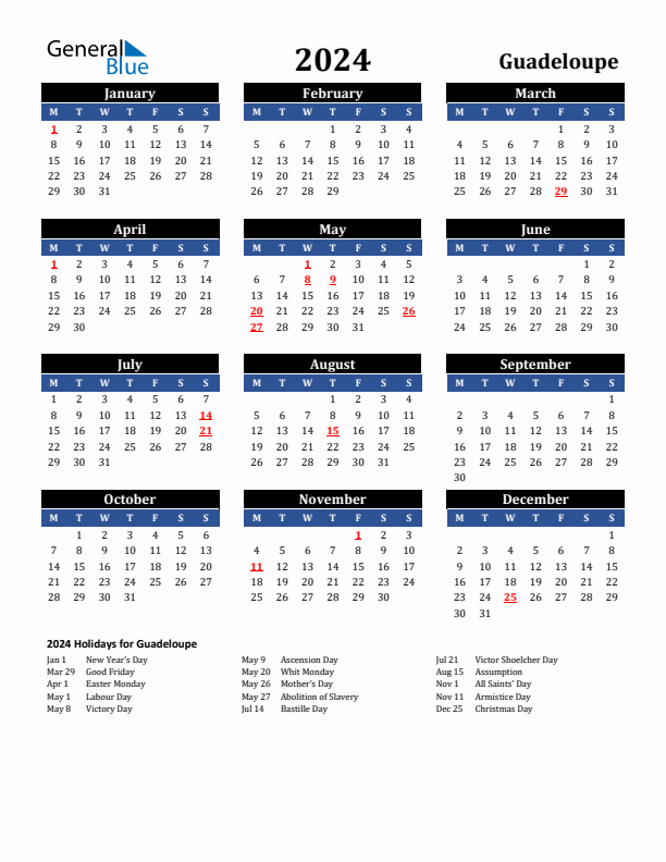 2024 Guadeloupe Holiday Calendar