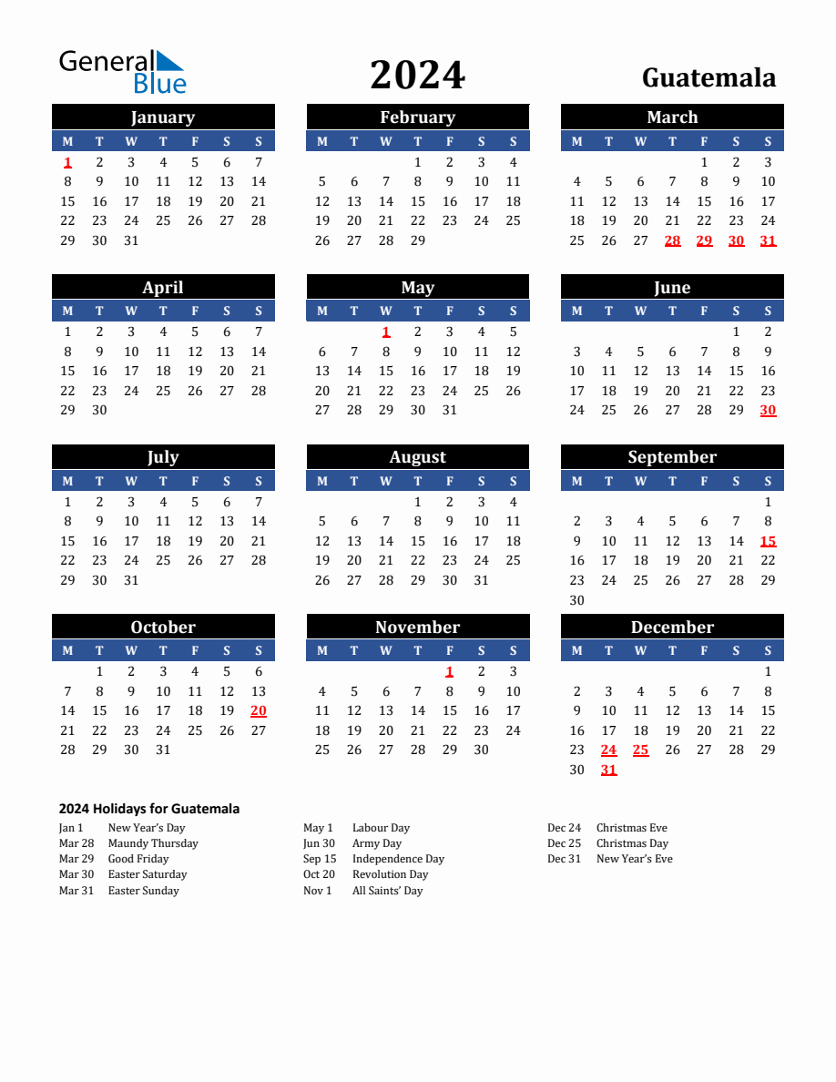 2024 Guatemala Holiday Calendar