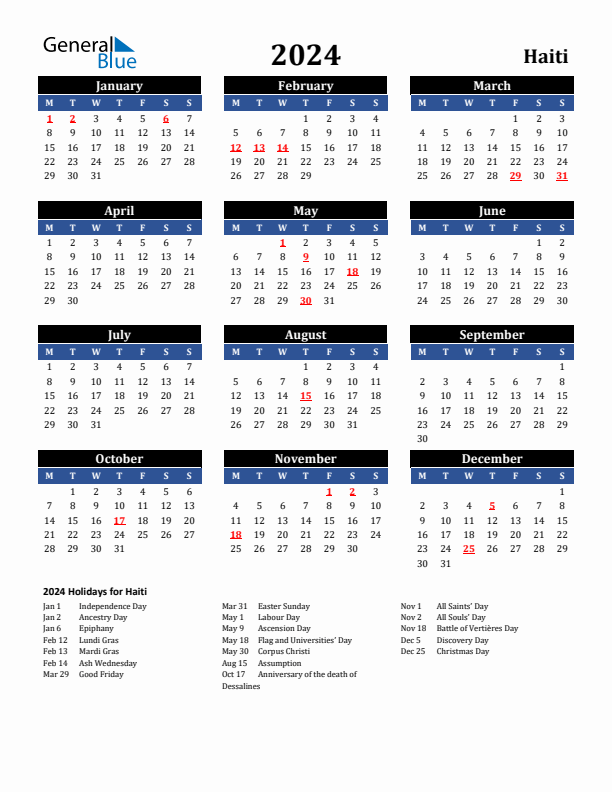2024 Haiti Holiday Calendar