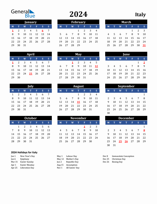 2024 Italy Holiday Calendar