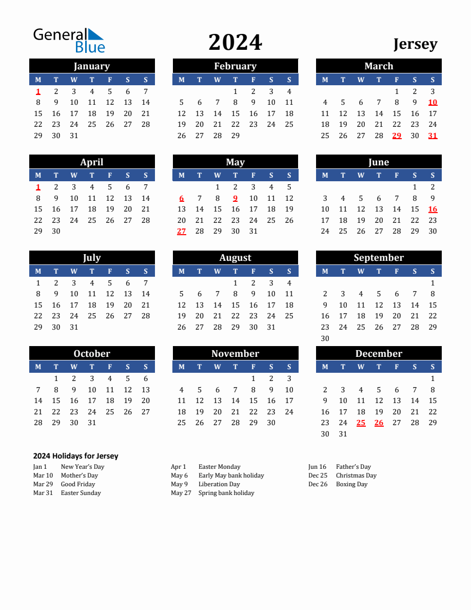 2024 Jersey Holiday Calendar