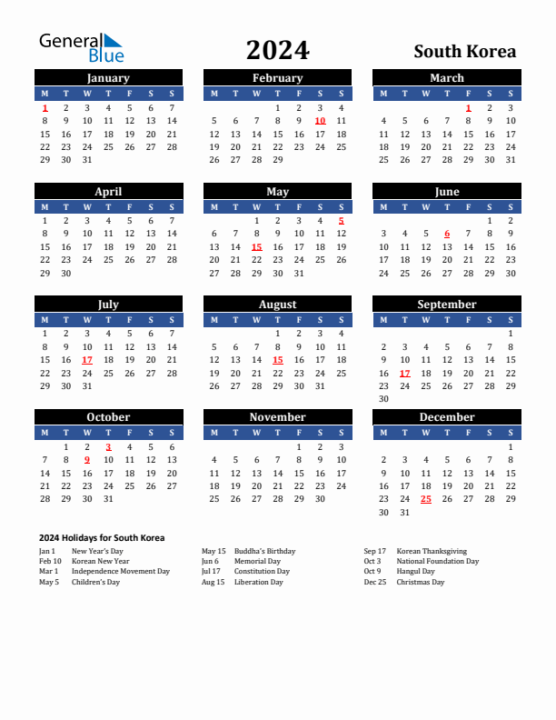 2024 South Korea Holiday Calendar