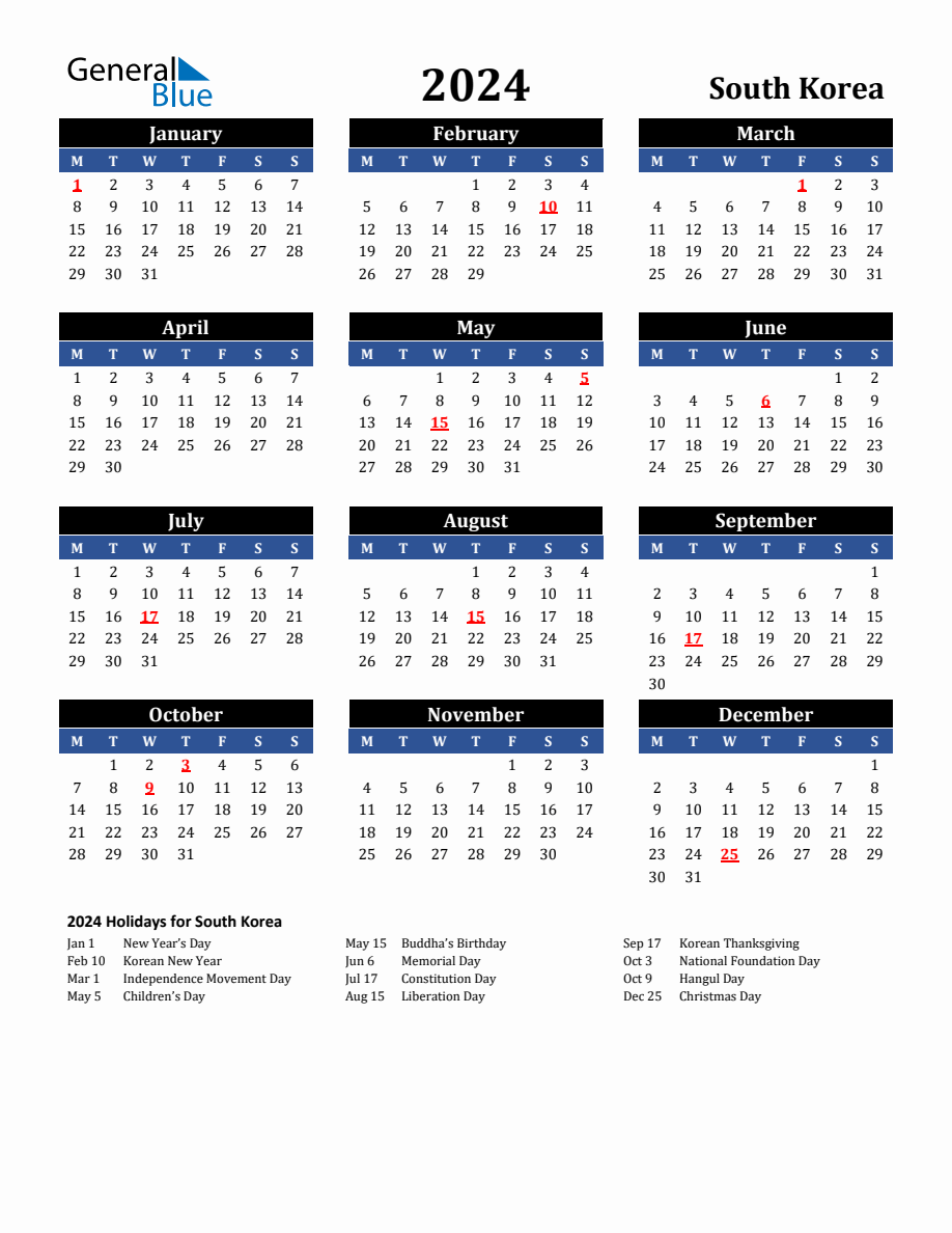 2024 South Korea Holiday Calendar