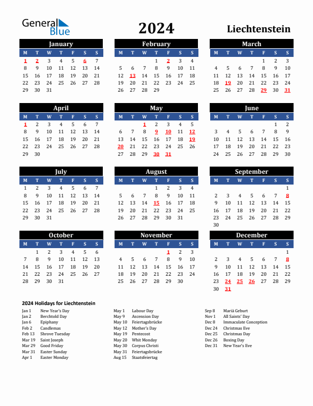 2024 Liechtenstein Holiday Calendar
