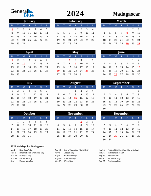 2024 Madagascar Holiday Calendar