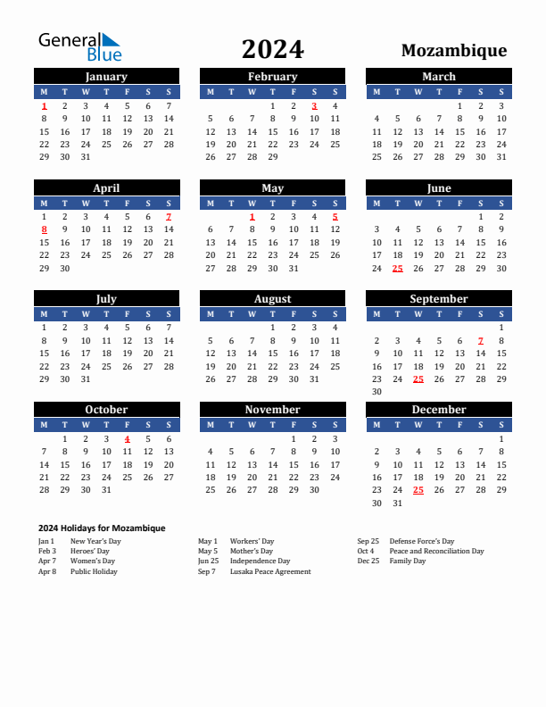 2024 Mozambique Holiday Calendar